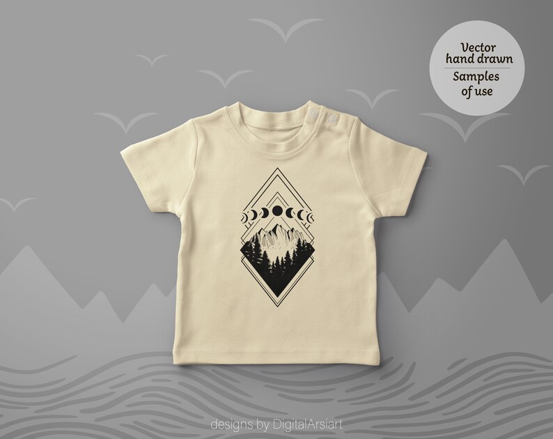May include: Cream-colored baby t-shirt featuring a black geometric design with mountain and forest silhouettes, moon phases, and the text "Vector hand drawn Samples of use". The design is centered on the shirt.