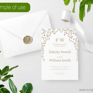 May include: A white wedding invitation with gold floral accents and the names Felicity Powell and William Smith. The invitation is accompanied by a white envelope with a gold wax seal. The text "Sample of use" is in the top left corner.