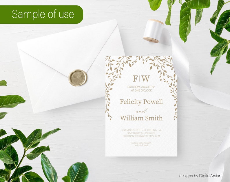May include: A white wedding invitation with gold floral accents and the names Felicity Powell and William Smith. The invitation is accompanied by a white envelope with a gold wax seal. The text "Sample of use" is in the top left corner.