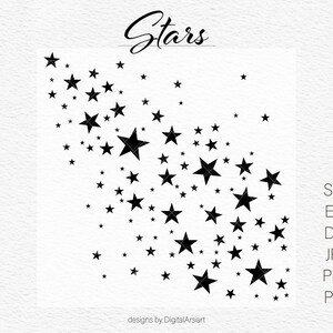 Puede incluir: Ilustración de estrellas negras de varios tamaños sobre un fondo blanco. La palabra "Stars" está escrita en cursiva en la parte superior. También se incluyen las abreviaturas de tipo de archivo: SVG, EPS, DXF, JPG, PNG y PDF.