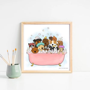 Könnte beinhalten: Eine digitale Illustration einer rosafarbenen Badewanne, die mit Seifenblasen gefüllt ist und in der sich eine Gruppe von Hunden verschiedener Rassen befindet. Die Hunde lächeln alle und scheinen ihr Bad zu genießen.