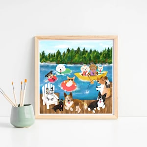 Dogs on the Lake Print, Dog print, Dogs swimming, Dog lovers Gift, Summer decor, Lake Artwork, Cute Dog Wall Art, Lake House Wall Art