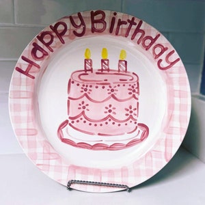 Pink Gingham Cake Happy Birthday Plate 11"