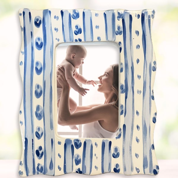 Wavy Edge Picture Frame - Blue Striped Floral, Ceramic, Hand Painted