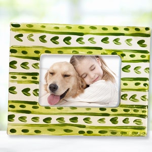 Ceramic Picture Frame - Green Striped and Floral, Rectangular, Hand Painted