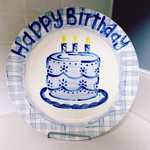 Blue Gingham Cake Happy Birthday Plate 11"