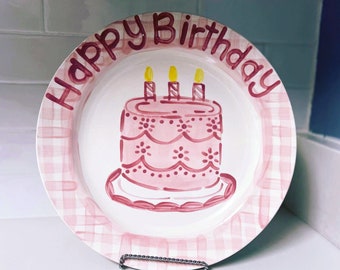 Pink Gingham Cake Happy Birthday Plate 11"