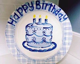 Blue Gingham Cake Happy Birthday Plate 11"