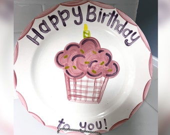 Pink and Purple Scalloped Gingham Cupcake Happy Birthday Plate 11"
