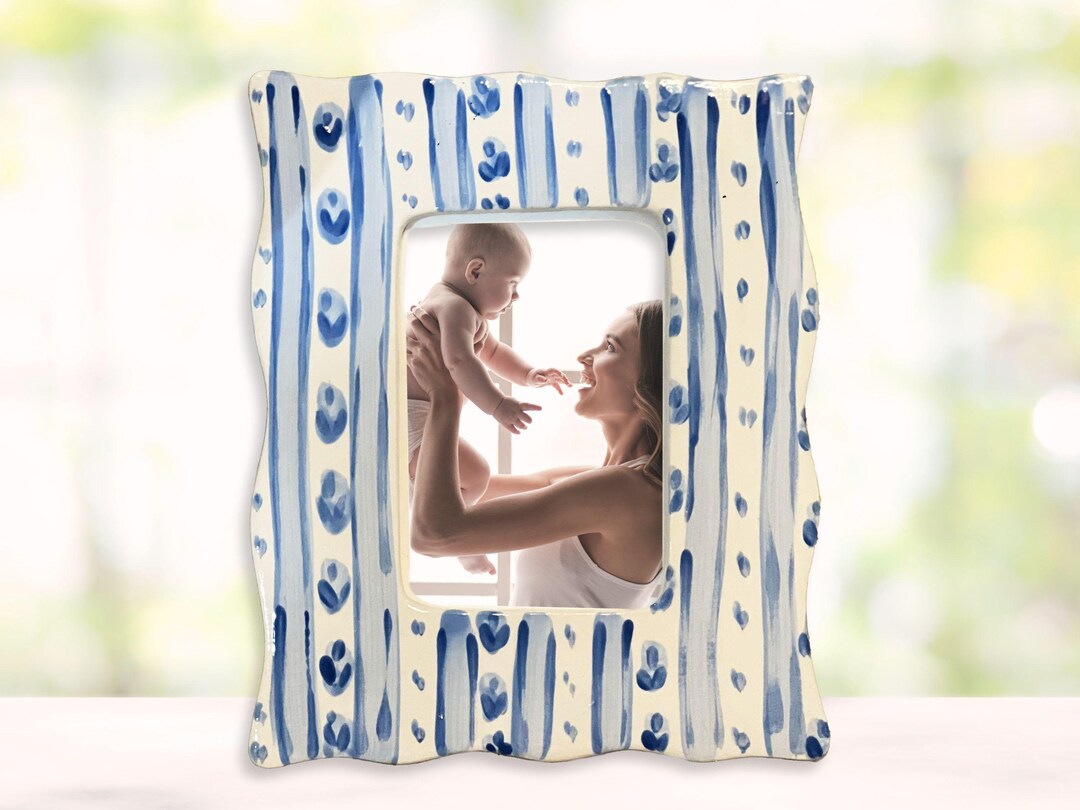 Wavy Edge Picture Frame - Blue Striped Floral, Ceramic, Hand Painted - Etsy