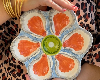 Hand Painted Cast Oyster Plate - Orange and Blue