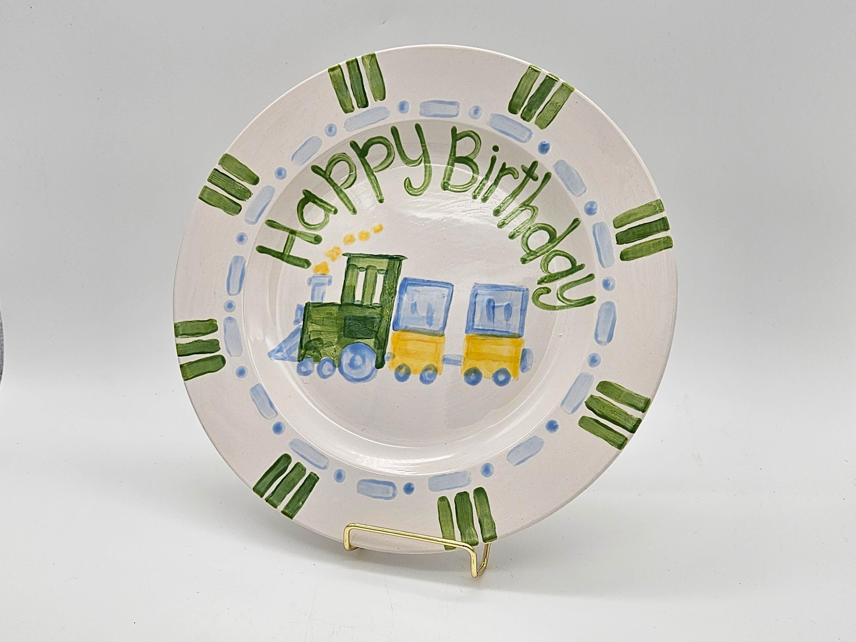 Happy Birthday Plate - Train Birthday - Blue Green Yellow - Personalized