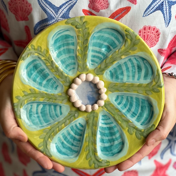 Hand Built Oyster Plate 9" in Green Botanical with Beaded Center