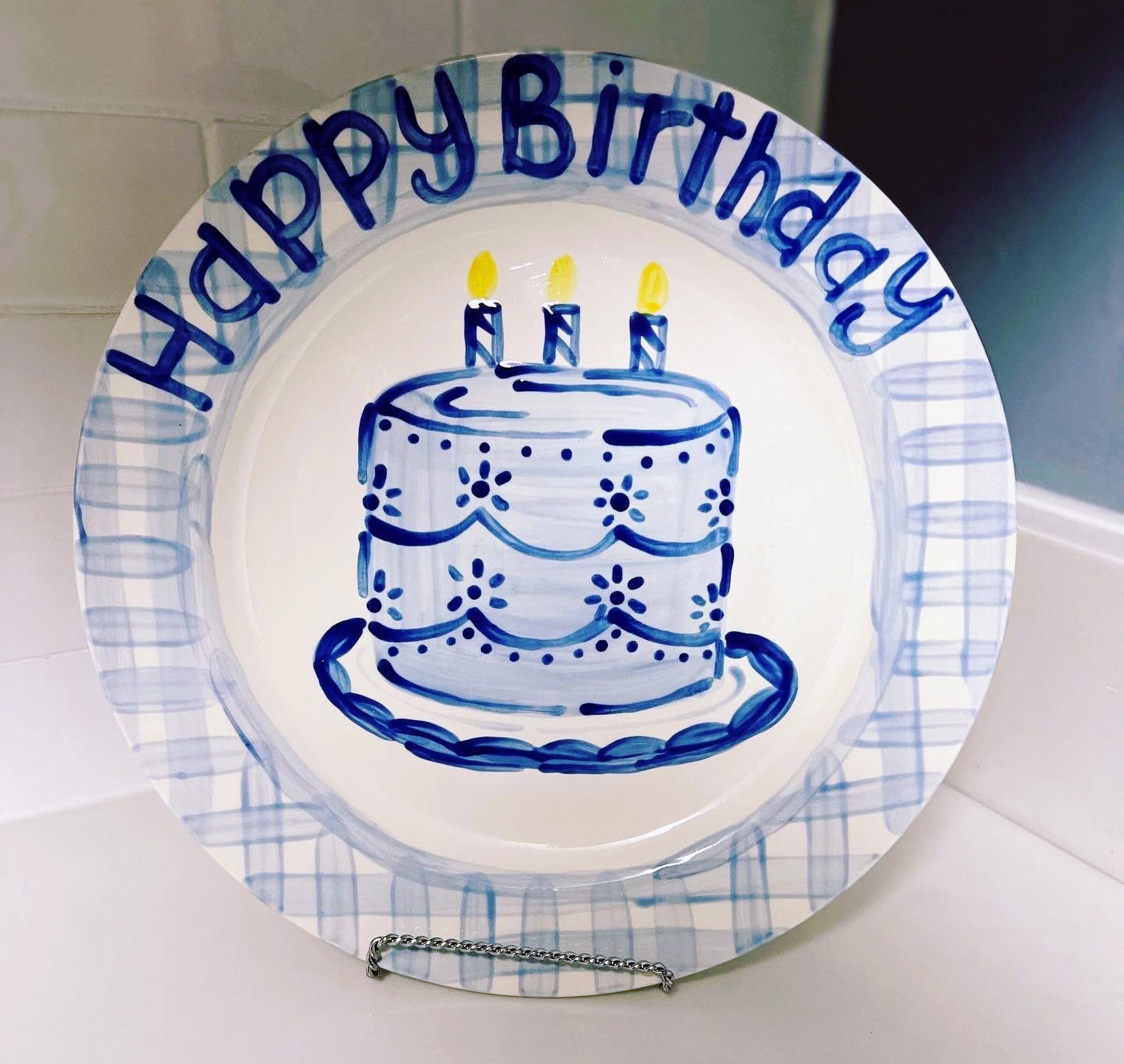 Blue Gingham Cake Happy Birthday Plate 11 Etsy