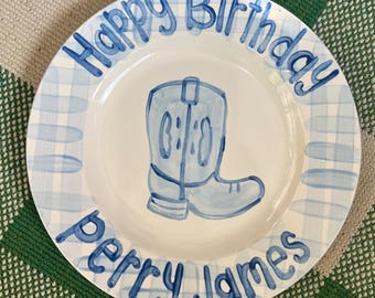 Blue Gingham Cowboy Happy Birthday Plate 11"