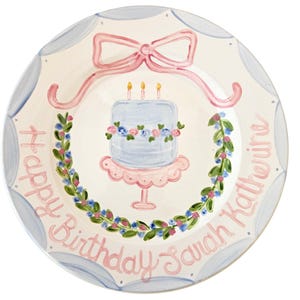 Scalloped Happy Birthday Cake Plate With Bow And Floral Accent