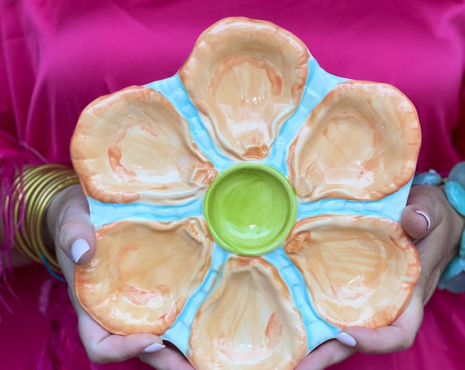 Hand Painted Cast Oyster Plate - Orange Cream and Baby Blue