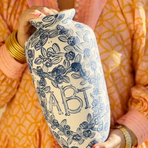 Hand Painted Chinoiserie Monogram Vase - Blue and White Floral