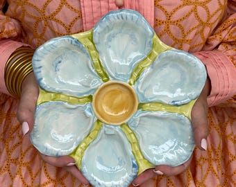 Hand Painted Cast Oyster Plate - Blue, Green and Yellow