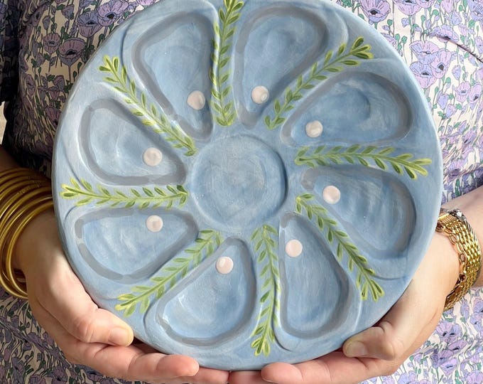 Hand Built Oyster Plate 9" in Pale Blue With Gray Pearls