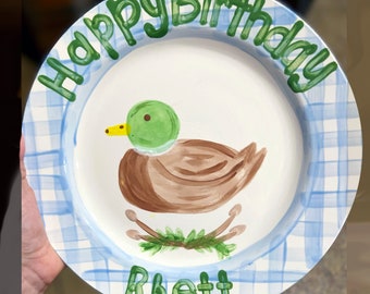 Gingham Mallard Happy Birthday Plate 11"