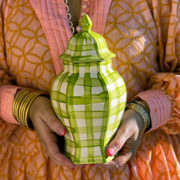 Tarro de jengibre pintado a mano con estampado de cuadros vichy - Hexágono grande