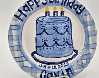 Blue Gingham Cake Happy Birthday Plate 11&quot;