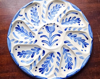 Hand Built Oyster Plate 9&quot; in Blue and White - Artisan Pottery, Plate Wall, Collectible Plates, Handbuilt Ceramics