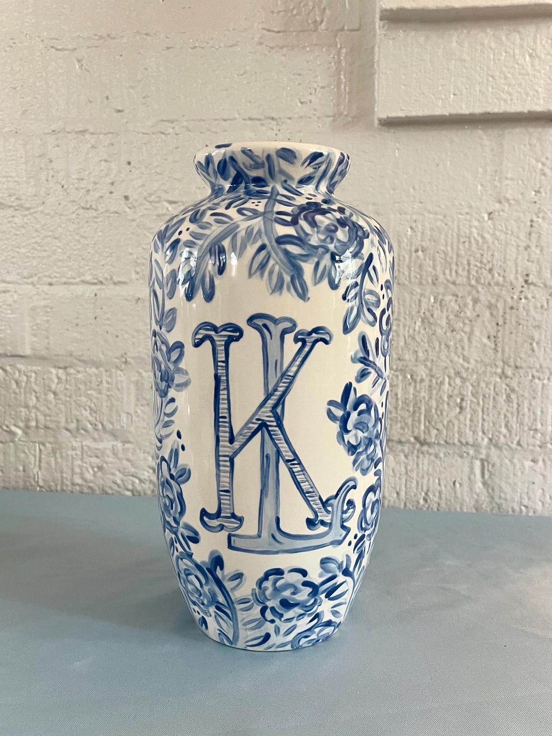 Hand Painted Chinoiserie 2 Letter Wedding Monogram Vase - Blue and White Floral