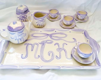 Hand Painted Ceramic Tea Set: Lavender Bow, Tea Party Play