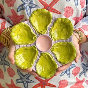 Hand Painted Cast Oyster Plate - Lavender and Chartreuse