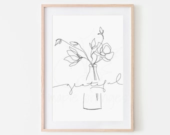 Grateful line art | magnolia flower line art, gratitude print, grateful printable, focus word art, motivational print, inspirational art