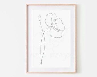 Poppy art | Botanical line art, hand drawn botanical printable, cosmos art, minimalist decor, abstract flower, boho art