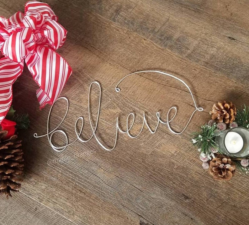 believe wreath decor | wire words - wire sign- Holiday decor-Christmas decor- wreath words- christmas mantle decor- christmas garland| image 2