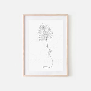 Fern line art hand drawn plant palm leaf print, tropical leaf, pitcher print, flowers in pitcher, botanical artwork, boho art image 1