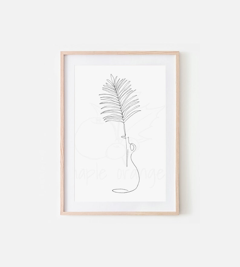 Fern line art hand drawn plant palm leaf print, tropical leaf, pitcher print, flowers in pitcher, botanical artwork, boho art image 1