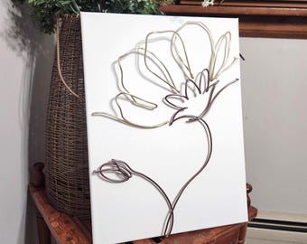 Handmade Wire Poppy Wall Art on 12x16 Canvas – Floral Wire Sculpture – Modern Botanical Decor