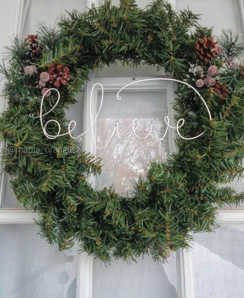 believe wreath decor | wire words - wire sign- Holiday decor-Christmas decor- wreath words- christmas mantle decor- christmas garland| image 1