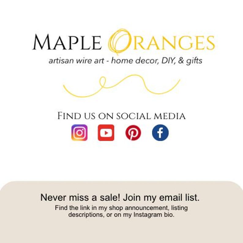 May include: The Maple Oranges logo features black text and a yellow wire art design. Below the logo are social media icons for Instagram, YouTube, Pinterest, and Facebook. The text "Never miss a sale! Join my email list" is also included.