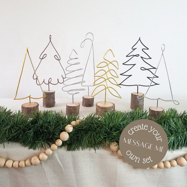 Christmas tree decor - Wire tree with wood base -  mantle decor, scandi decor, mini christmas tree wooden tree, rustic holiday, tablescape