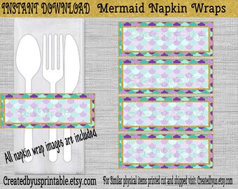 DESCARGA INSTANTÁNEA Balanzas de sirena Envolturas de servilleta Decoraciones de cumpleaños Sirena baby shower servilletero bandas de papel Soporte de servilleta Digital Download