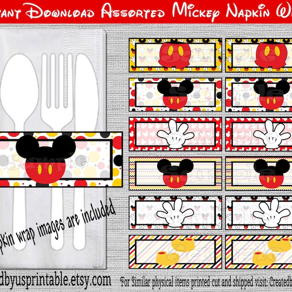 INSTANT DOWNLOAD Mickey Napkin wraps Mickey Birthday Decorations Baby shower napkin bands Paper napkin ring holders Digital Download Diy