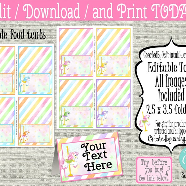 INSTANT DOWNLOAD Carousel food tent cards EDITABLE Carnival birthday Food Labels Carousel food place cards buffet Digital Download Diy Corjl