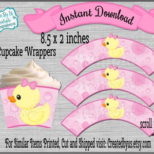 INSTANT DOWNLOAD Girl rubber duck cupcake wrappers baby shower decoration Birthday Rubber ducky cupcake wraps Printable Digital Download Diy