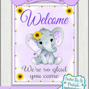 Baby Shower Welcome sign Purple Sunflower elephant Baby Girl shower welcome sign Purple elephant welcome sign little peanut DOWNLOAD BGSPE3