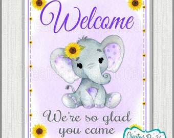 Baby Shower Welcome sign Purple Sunflower elephant Baby Girl shower welcome sign Purple elephant welcome sign little peanut DOWNLOAD BGSPE3