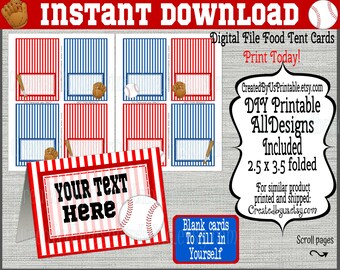 Baseball food tent cards Baseball place card Food label Baseball Birthday Table decorations Digital Download INSTANT DOWNLOAD Editable
