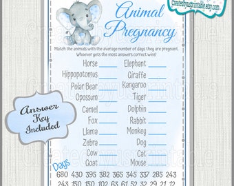 Elephant baby shower game Boy elephant Animal pregnancy game Animal gestation game cards Blue Elephant baby boy shower game Printable game