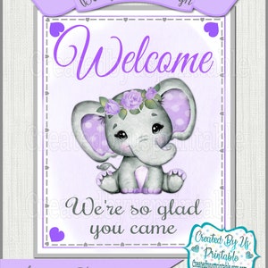 Baby Shower Signo de bienvenida Floral Elefante púrpura Baby Girl shower signo de bienvenida Elefante púrpura signo de bienvenida pequeño cacahuete IMPRIMIBLE BGFPE3