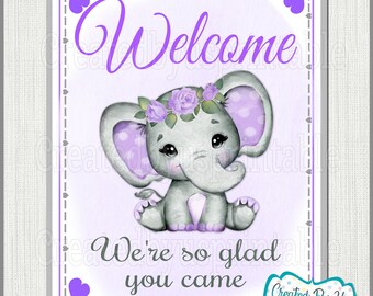 Baby Shower Welcome sign Floral Purple elephant Baby Girl shower welcome sign Purple elephant welcome sign little peanut PRINTABLE BGFPE3